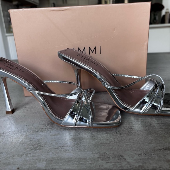 SIMMI London Silver Strappy Square-Toe Mule Heels - Picture 3 of 5